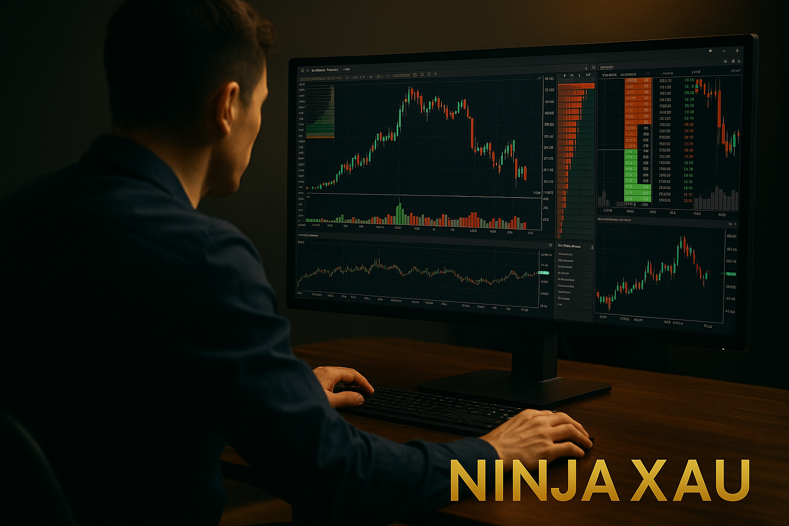 Trader pro scalping XAU/USD avec NinjaTrader sur écran multi-graphique