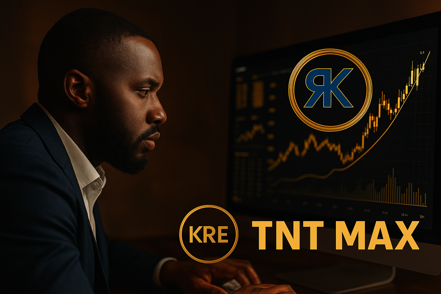 Une image horizontale professionnelle montrant un homme concentré devant un écran avec graphiques dorés, représentant les résultats concrets obtenus grâce à TNT MAX et K.R.E.