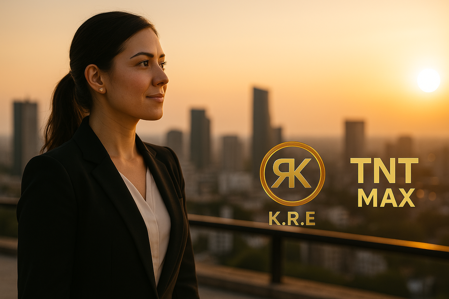 Une image horizontale professionnelle montrant une femme d’affaires confiante regardant un horizon doré, symbolisant la liberté financière grâce à TNT MAX et K.R.E.
