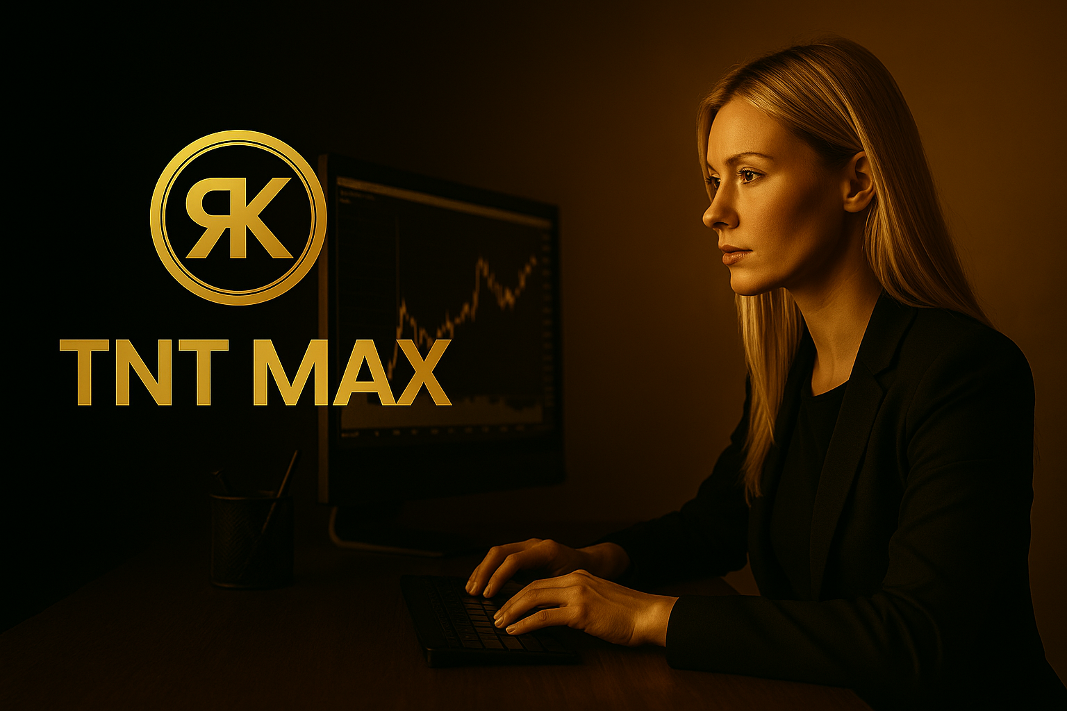 femme concentrée devant un écran de trading dans une ambiance dorée – visuel TNT MAX & K.R.E