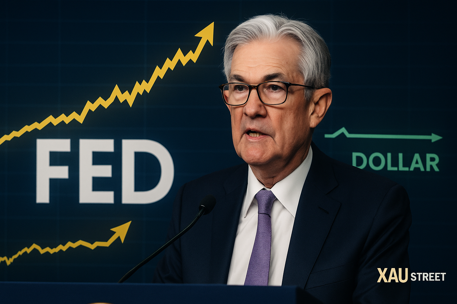 erome Powell à la Fed – Discours du 14 octobre 2025 avec l’or en hausse et le dollar stable, visuel XAU Street au format paysage