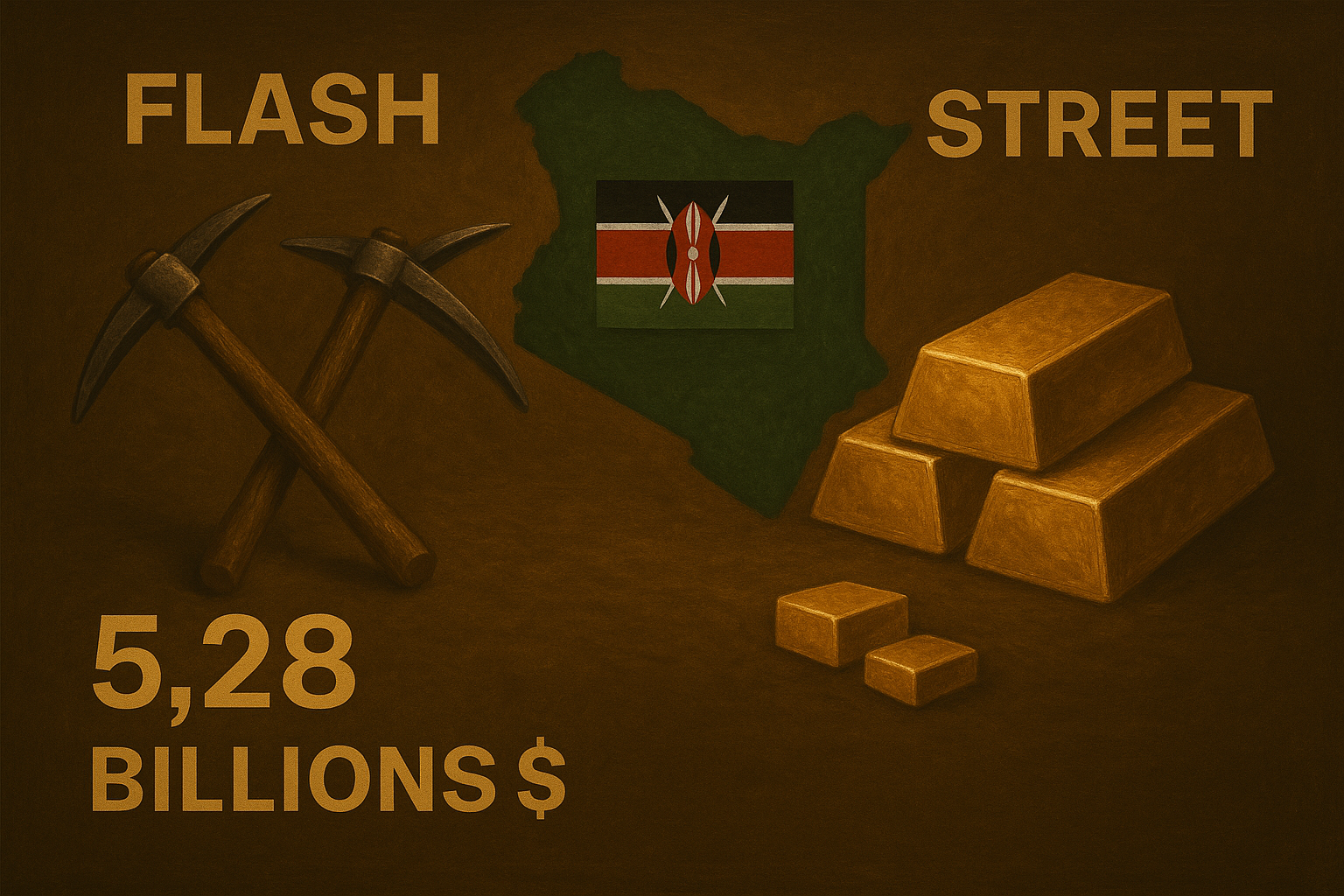 Carte du Kenya + pioches d’or + lingots – découverte d’un gisement de 5,28 milliards $
