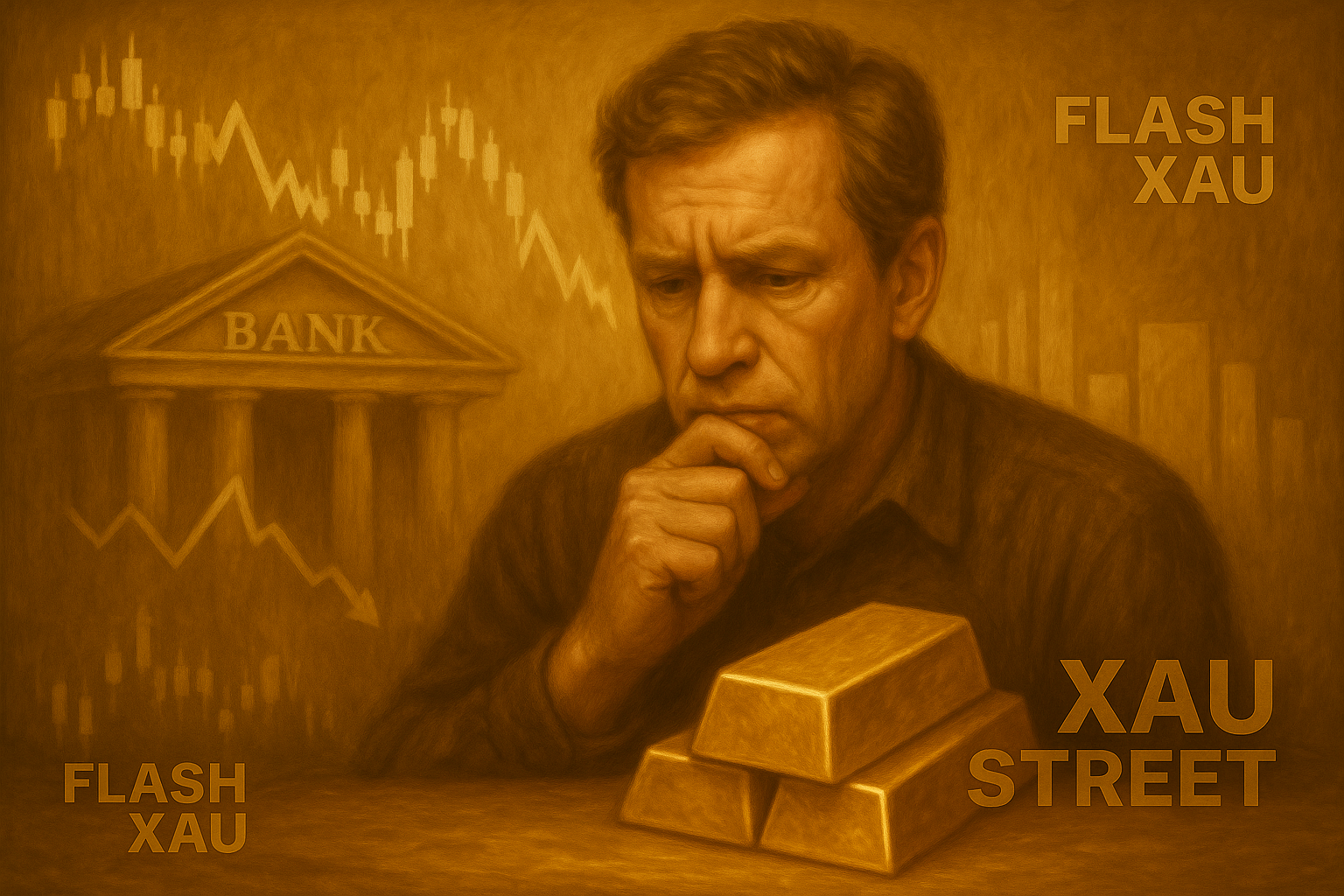 Homme devant la banque et l'or