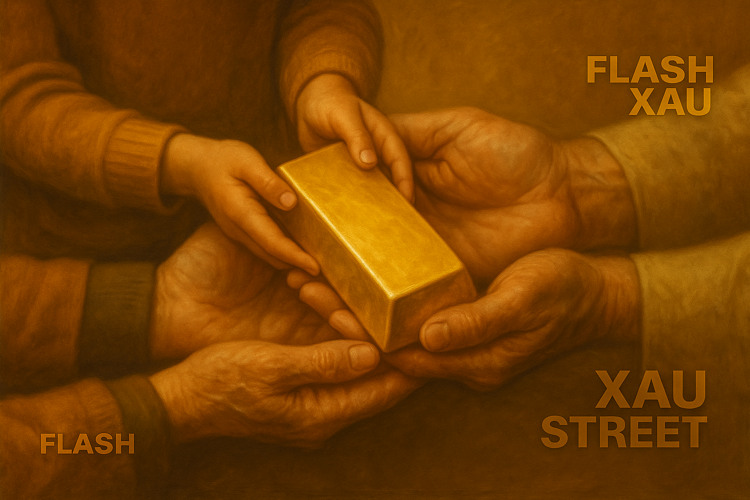 Trois générations de mains tenant un lingot d’or – symbole de la transmission et de la stabilité familiale