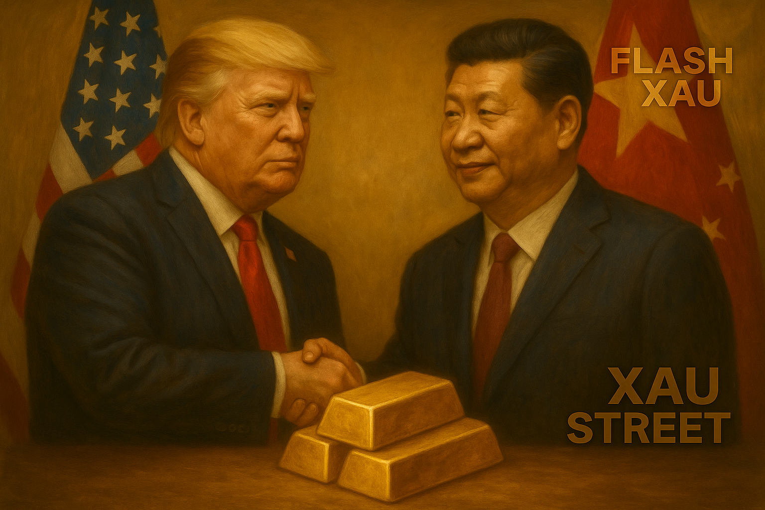 Trump et Xi Jinping serrant la main à Busan avec un lingot d’or en surimpression – symbole du commerce et refuge.