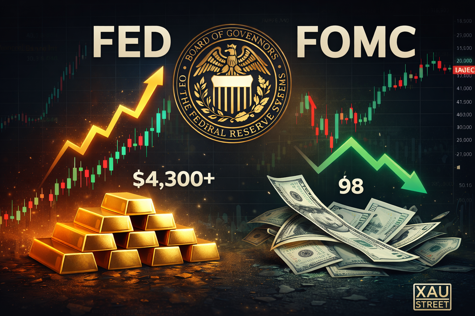 Hausse de l’or au-dessus de 4 300 $ et baisse du dollar sous les 98 après la décision FOMC du 30 décembre 2025 – Illustration XAU Street avec logo de la Réserve fédérale
