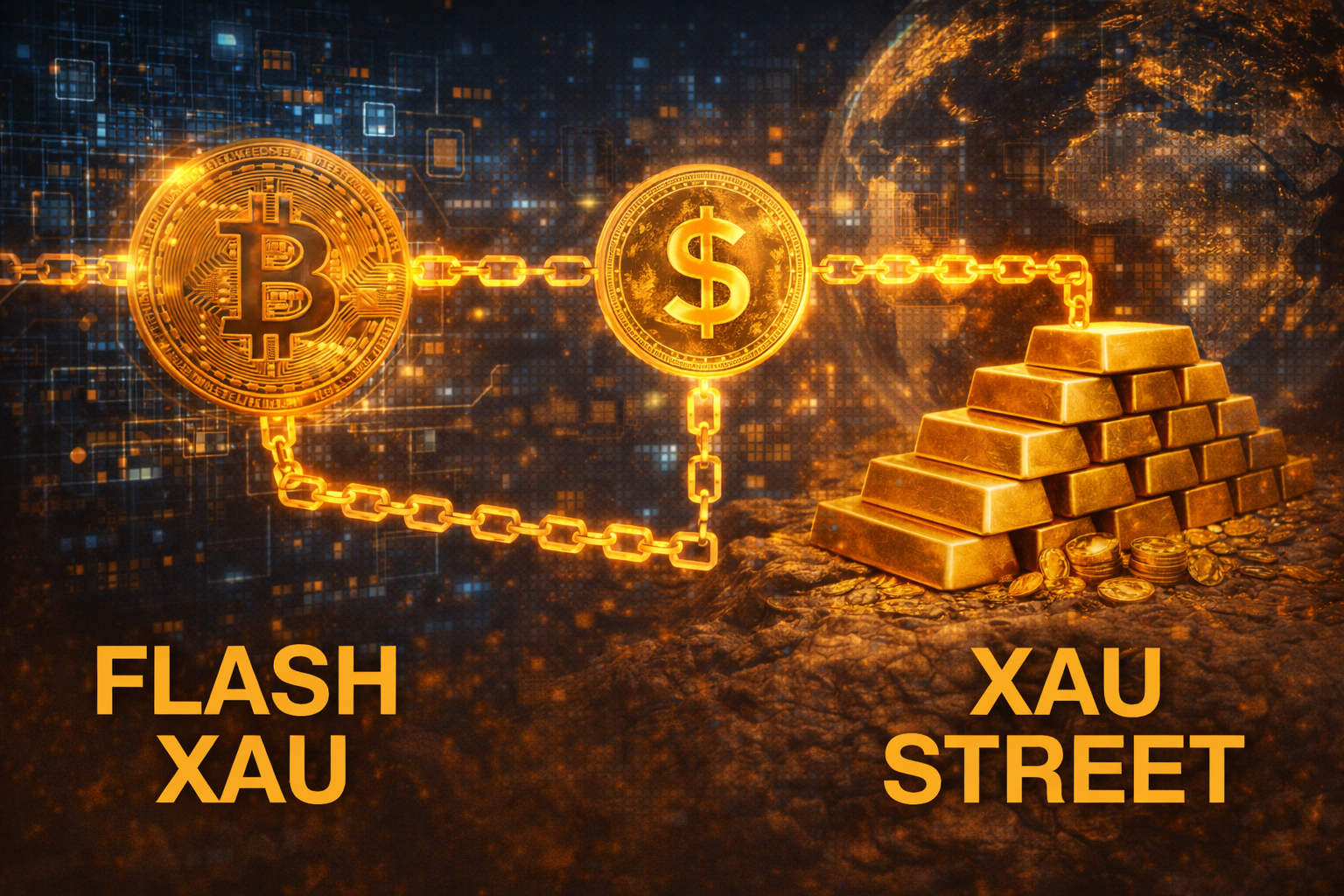 Illustration de l’or numérique reliant blockchain, Bitcoin et finance mondiale – analyse XAUstreet