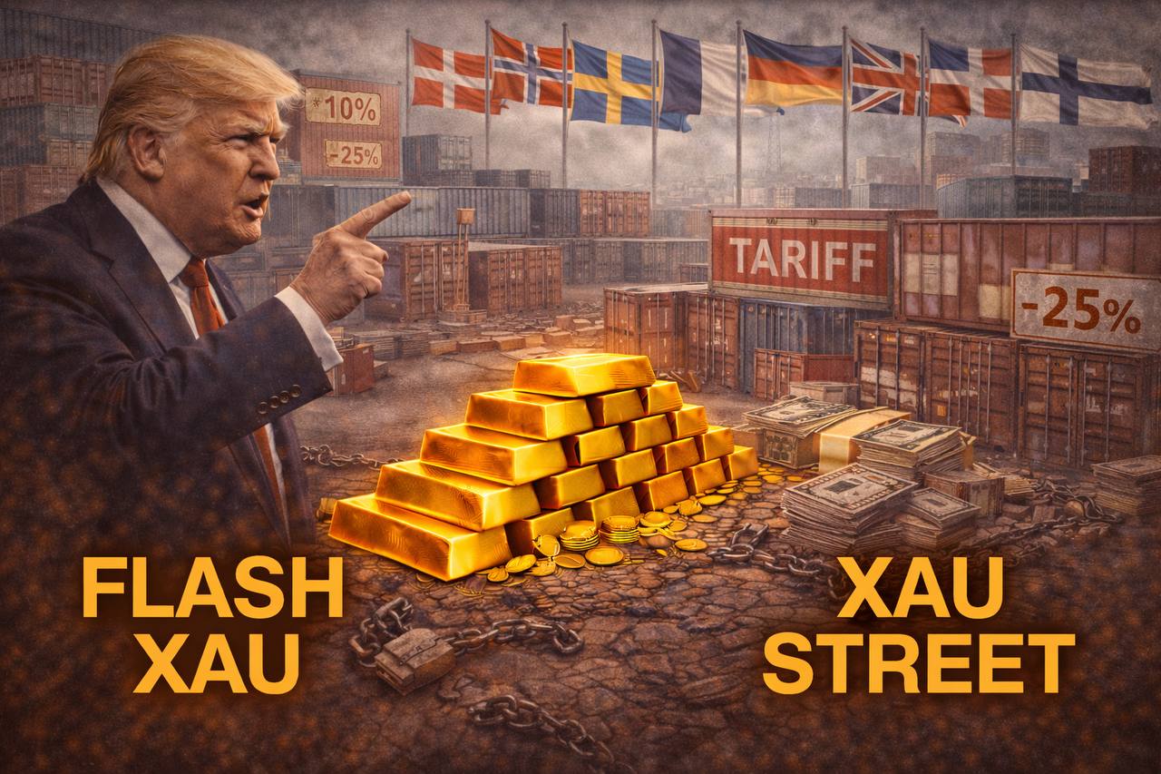 Donald Trump face à des drapeaux européens, lingots d’or au centre symbolisant l’impact des tarifs douaniers sur l’or