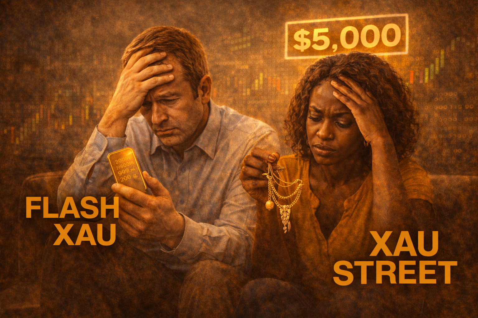 Lingots et bijoux en or illustrant l’or à 5 000 dollars comme valeur refuge patrimoniale