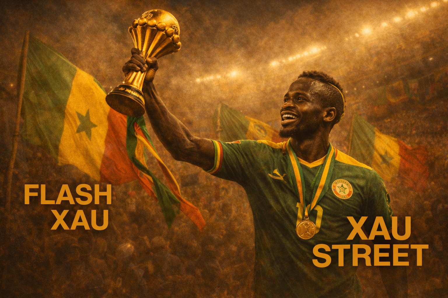 Sadio Mané brandissant la Coupe d’Afrique des Nations couleur or avec le Sénégal, symbole de mentalité d’or et de leadership africain