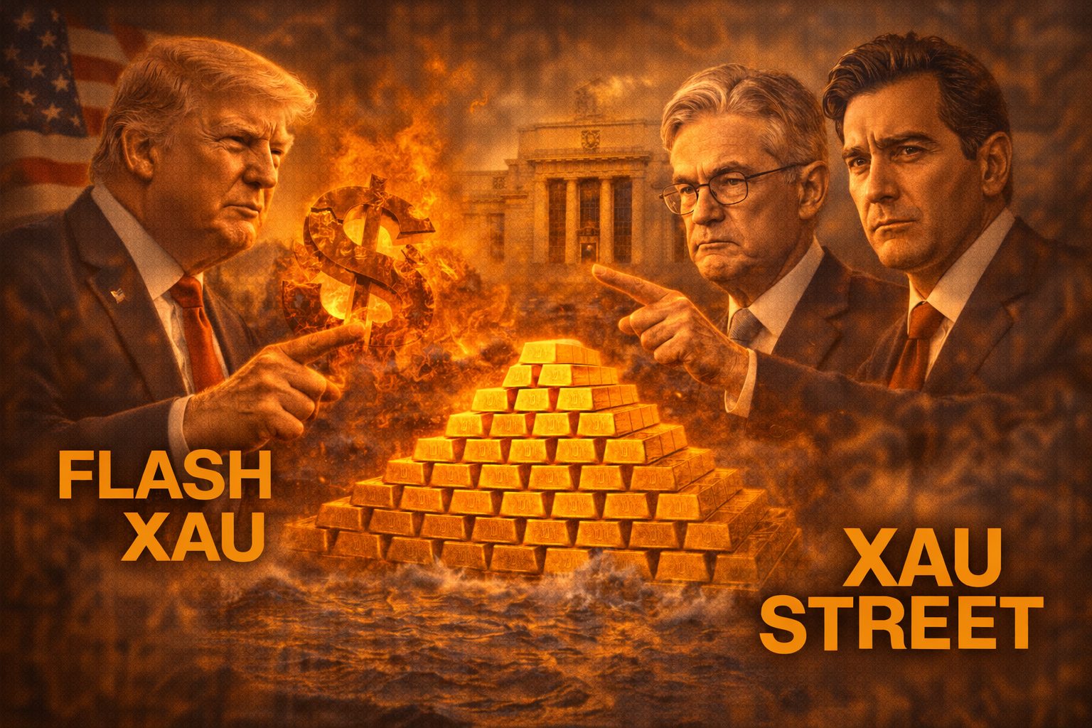 Trump face à Powell et Warsh devant la Federal Reserve, avec l’or au centre en symbole de valeur refuge en 2026