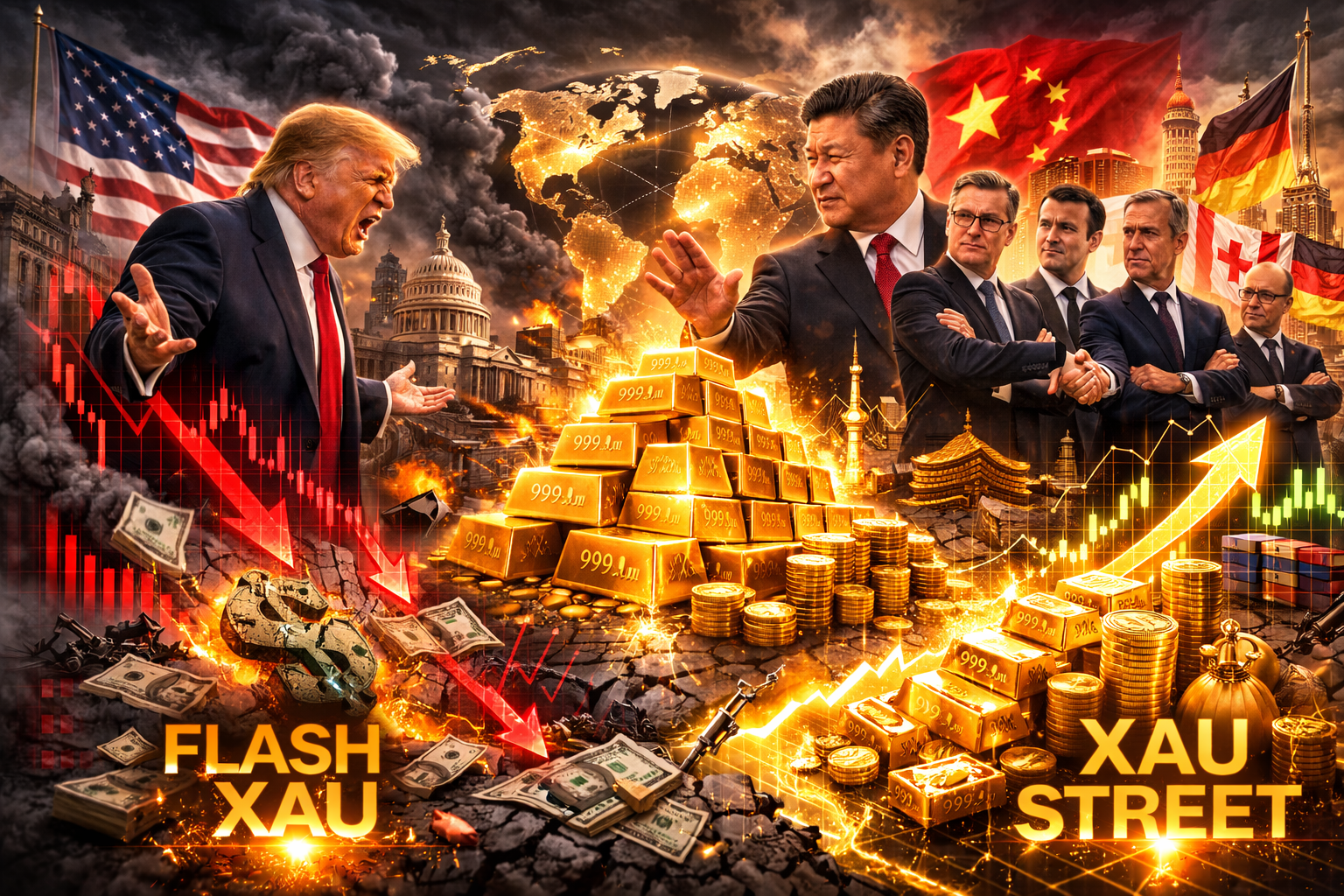 Alliances économiques mondiales entre la Chine et les puissances occidentales illustrant l’impact géopolitique sur le marché mondial de l’or et du dollar