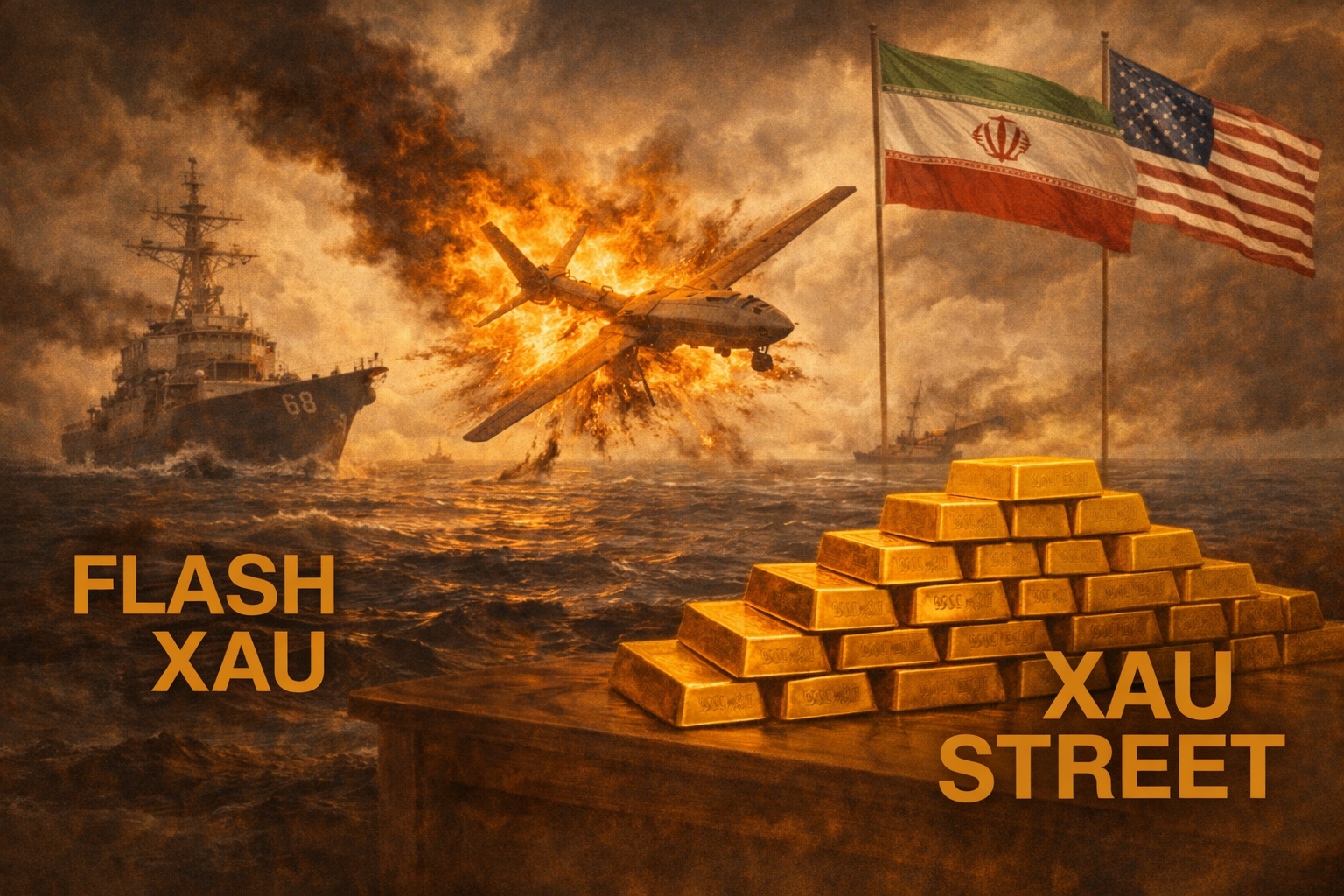 Drone militaire au-dessus de la mer d’Arabie symbolisant la tension entre les États-Unis et l’Iran avec l’or comme valeur refuge en arrière-plan