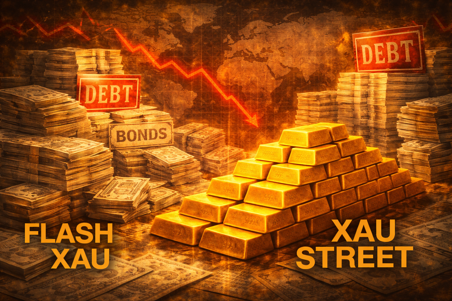 Graphique comparant dettes mondiales et évolution du prix de l’or comme indicateur économique
