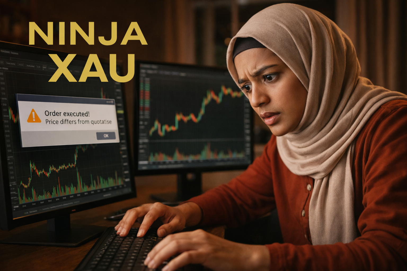 Trader observant un décalage entre prix affiché et prix exécuté sur le marché de l’or Ninja XAU
