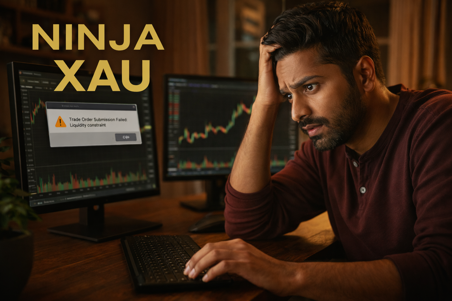 Trader observant un retard d’exécution sur le marché de l’or avant synchronisation Ninja XAU