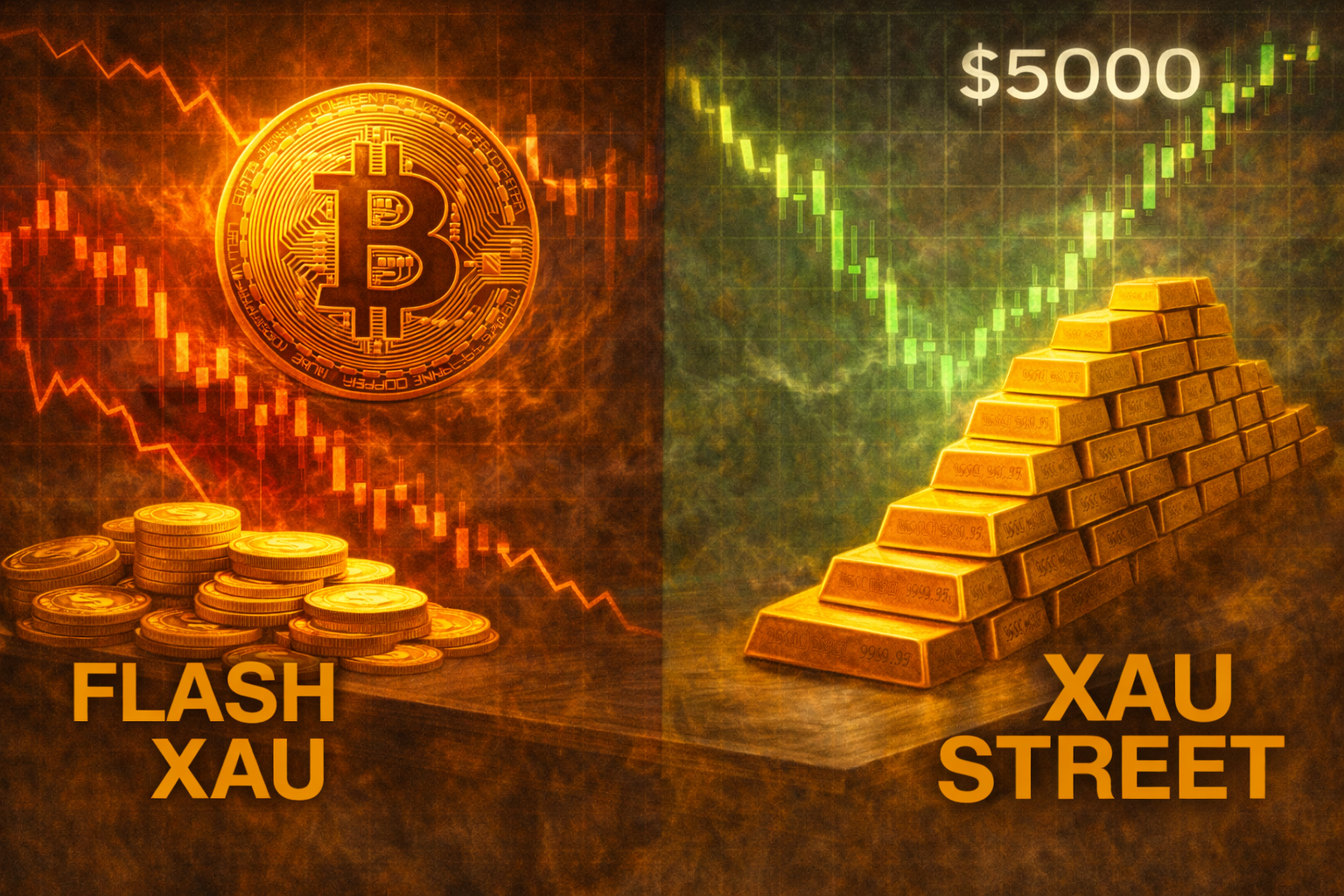 graphique comparatif Bitcoin chute vers 60000 dollars et or stable autour de 5000 dollars