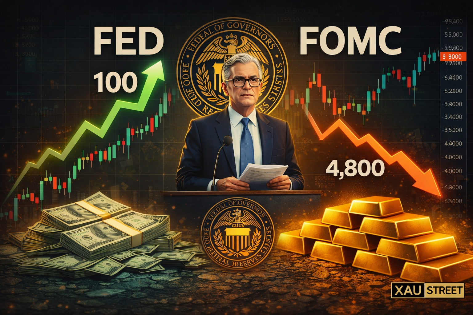 FED FOMC mars 2026 : Jerome Powell maintient les taux – dollar en direction des 100, or XAU/USD en repli vers 4800