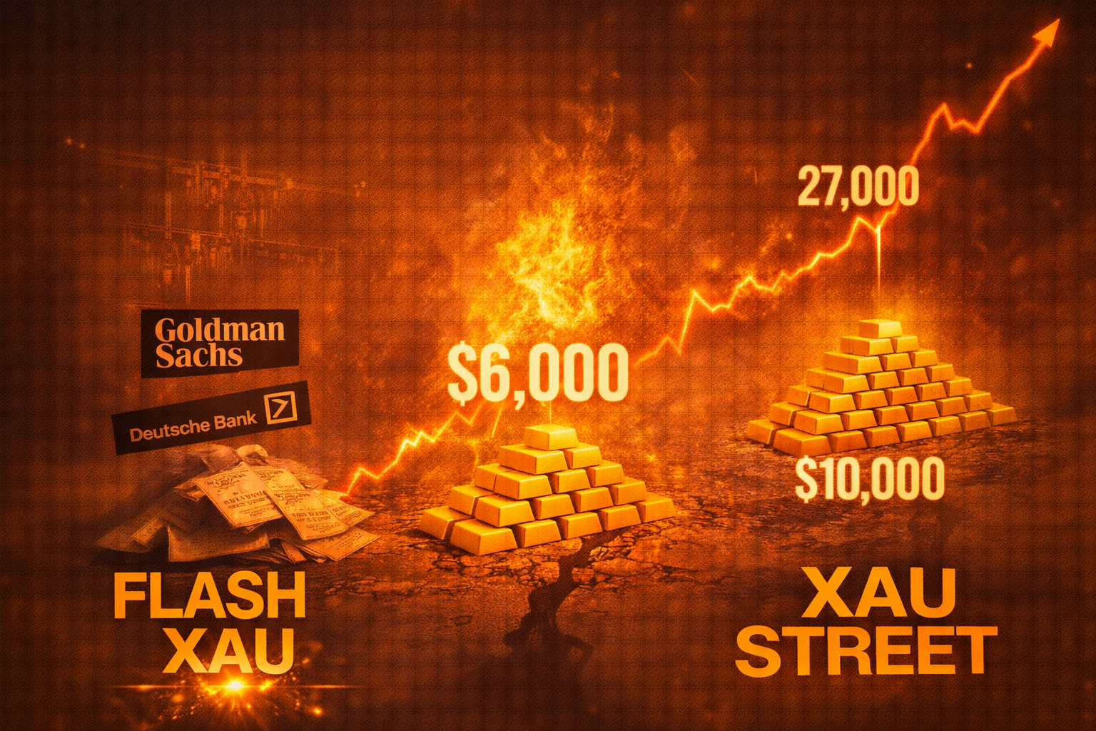 Graphique XAUUSD avec projection haussière vers 6000 dollars et scénarios macroéconomiques