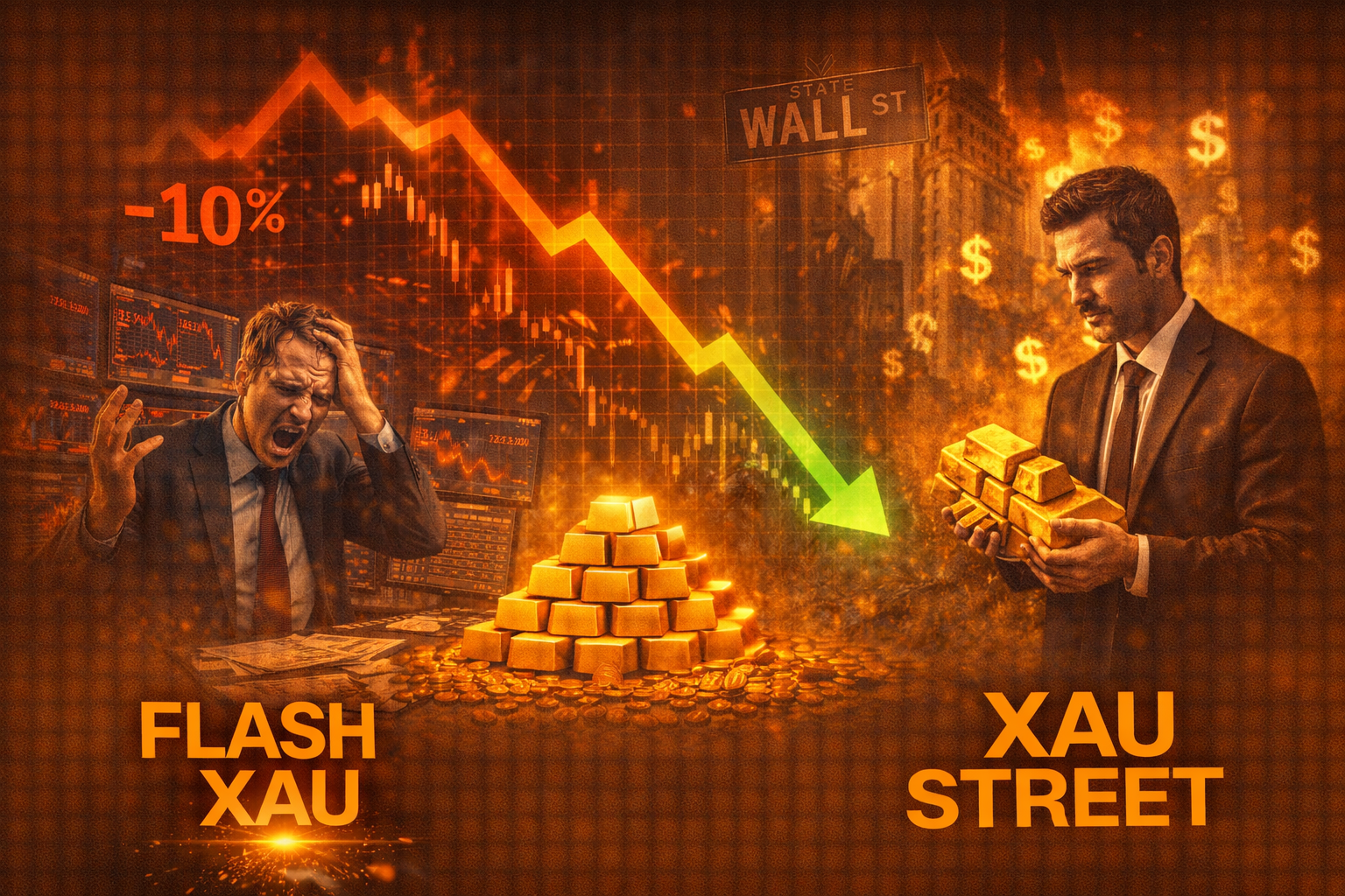 Graphique XAUUSD montrant une chute de 10 % du prix de l’or avec analyse des niveaux clés