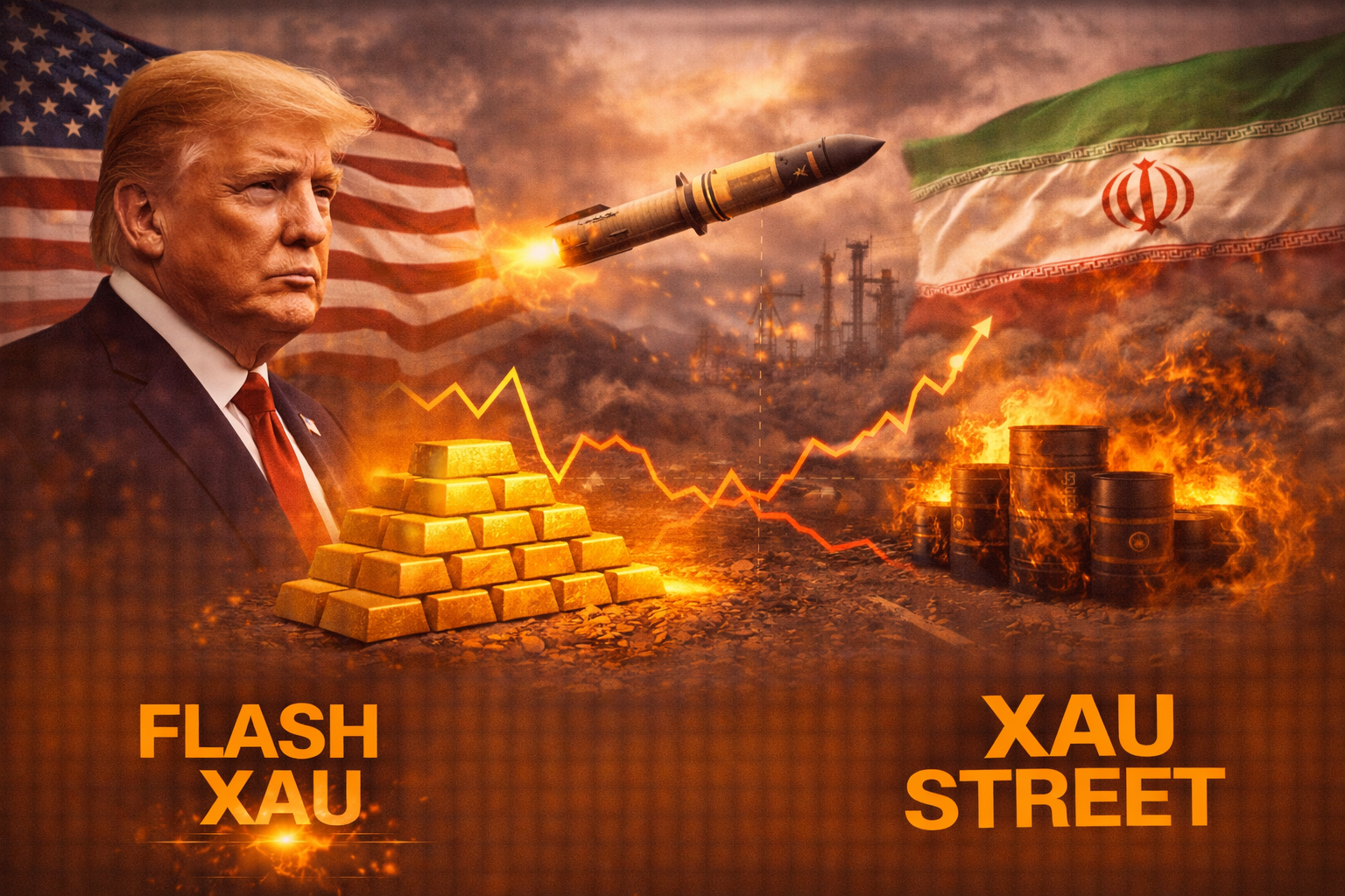 Illustration des frappes suspendues entre États-Unis et Iran avec impact sur le prix de l’or et du pétrole