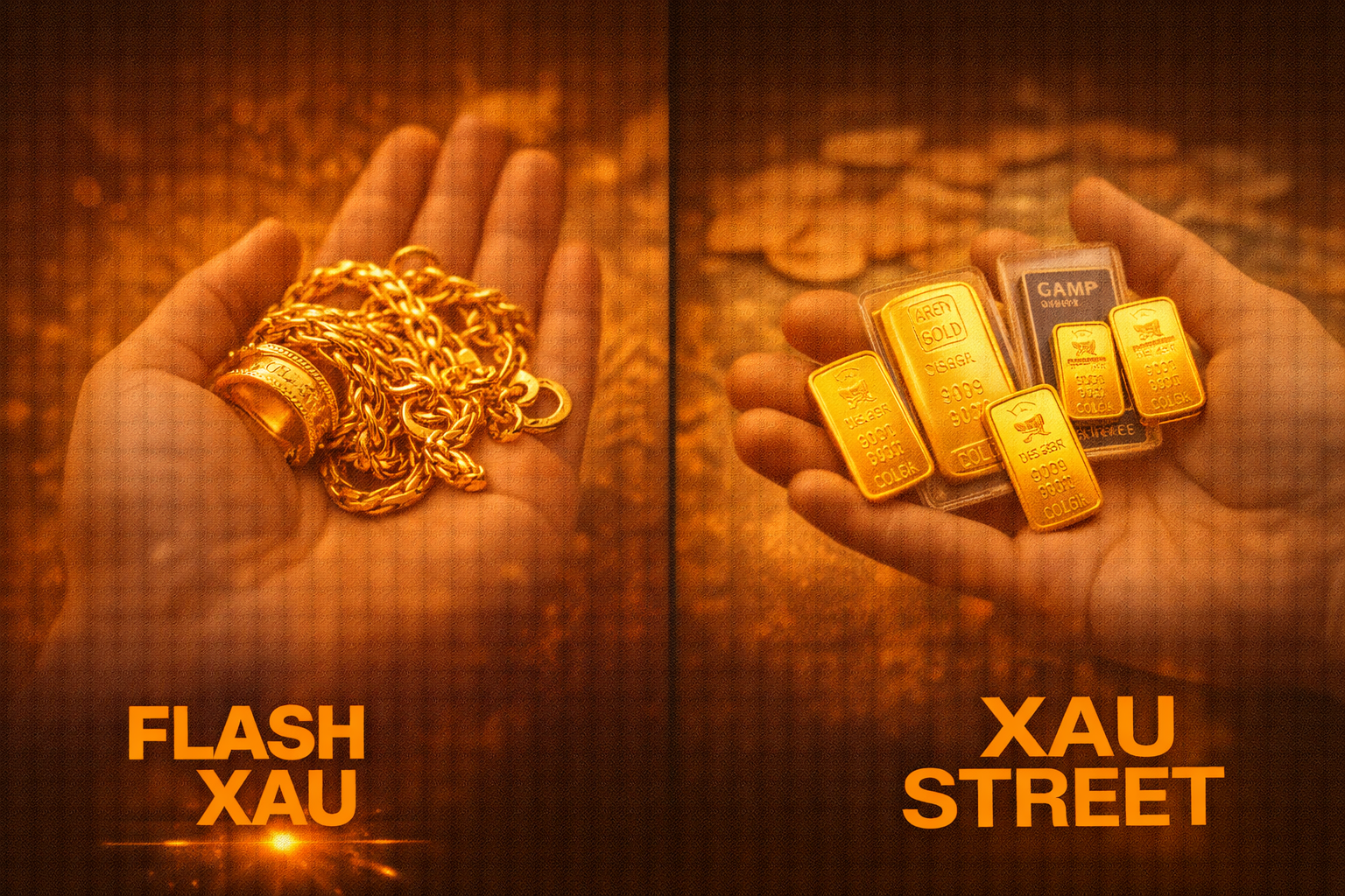 Comparaison entre bijoux en or et lingotins représentant deux stratégies d’investissement