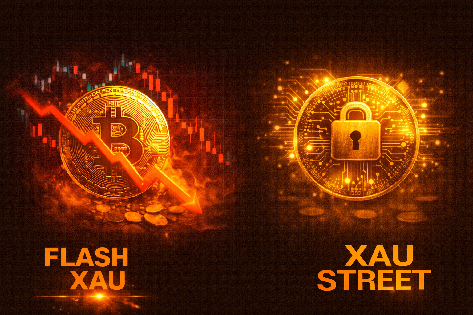 Graphique Bitcoin en baisse face à un actif or numérique stable sur blockchain