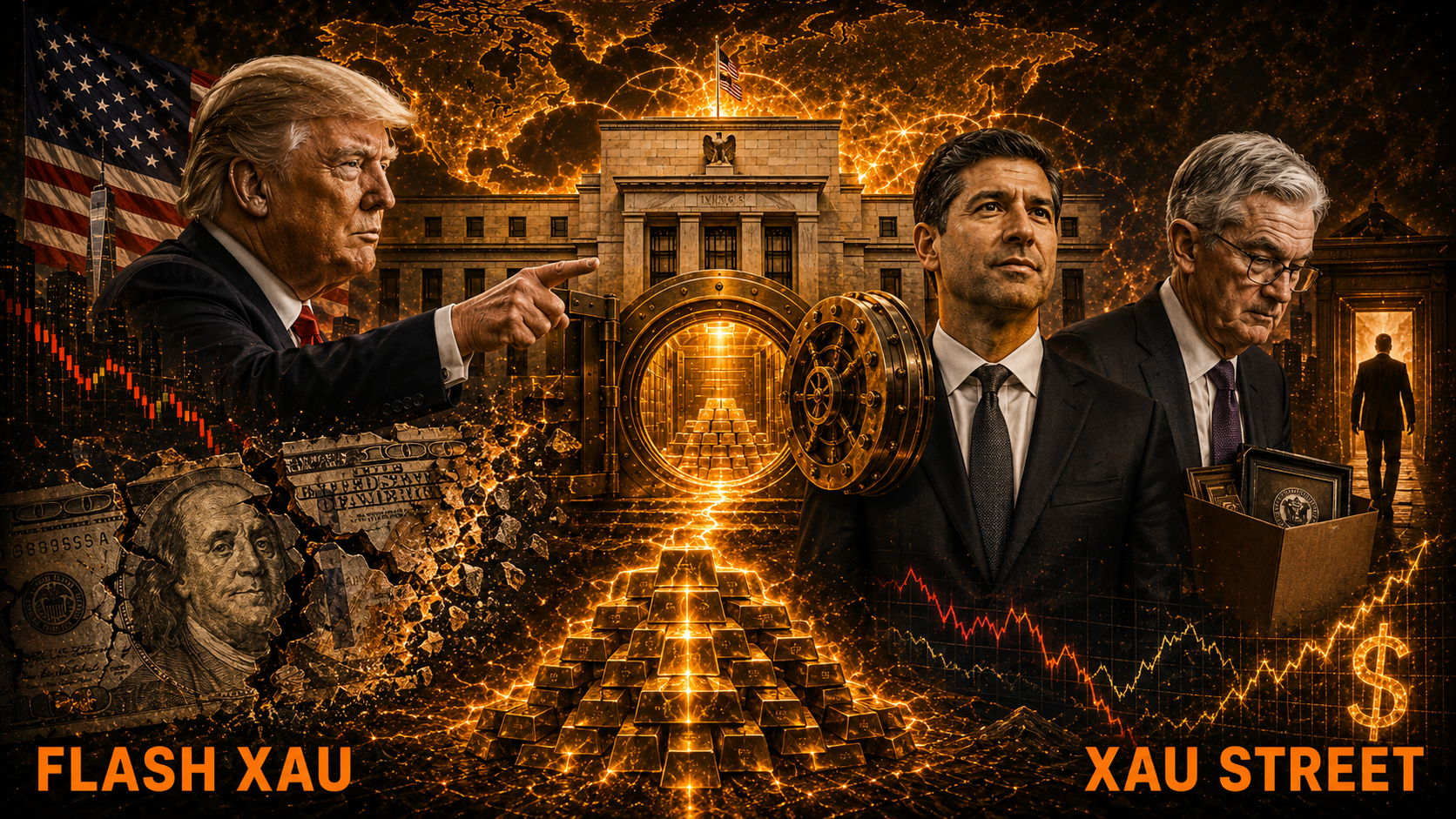 Jerome Powell et Kevin Warsh avec arrière-plan dollar et or