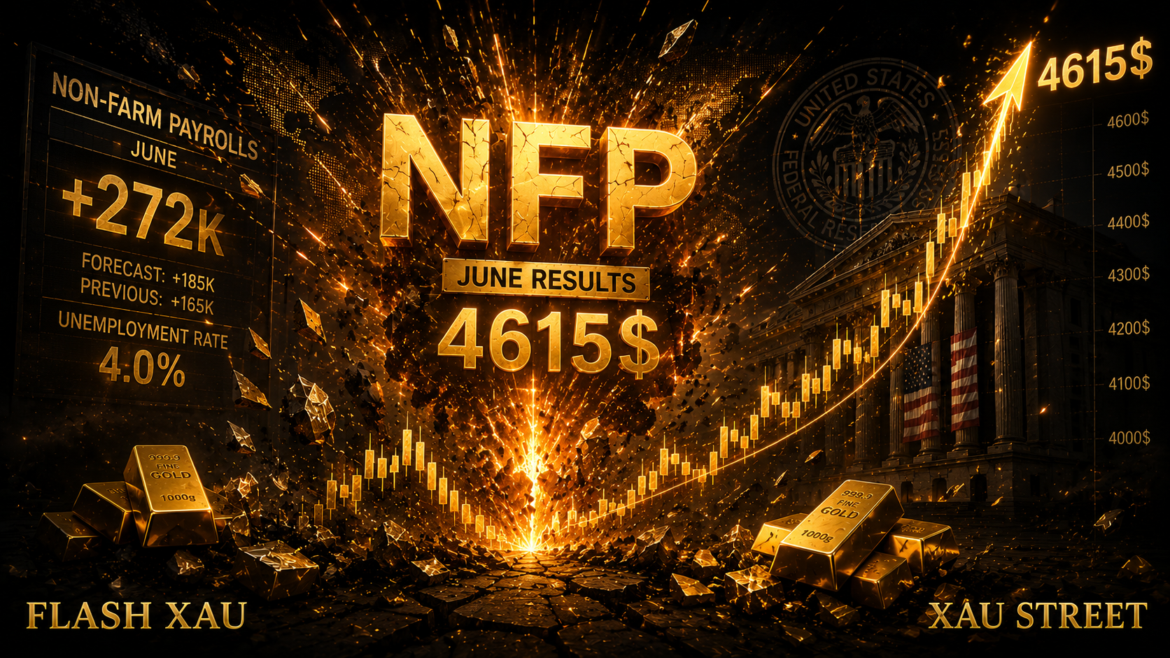 NFP juin Non-Farm Payrolls 272K or XAUUSD 4615$