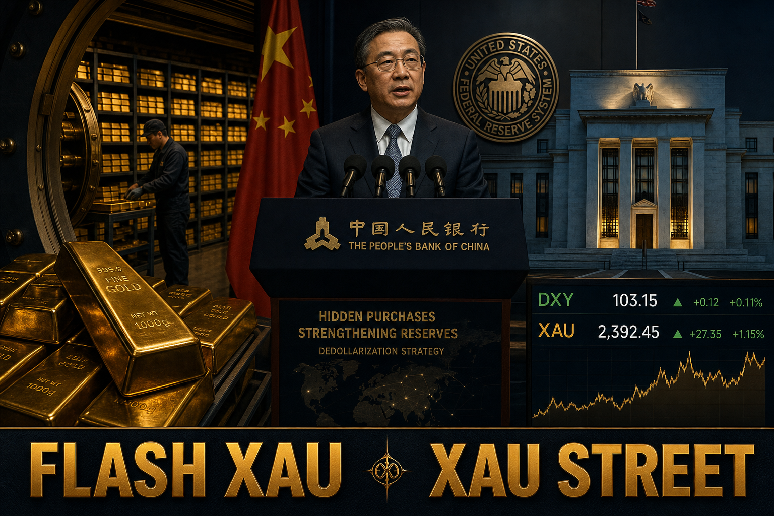 Bank of China PBOC governor in front of vast vault of gold bars, cinematic mood, hidden purchases of gold reserves, dedollarization strategy, golden lighting on stacks of bars, Chinese flag in background subtly, dark dramatic palette, photorealistic editorial style
