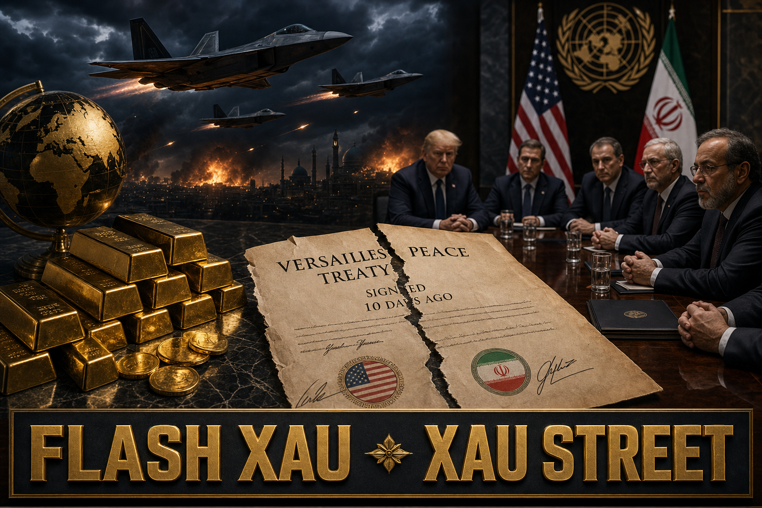 US-Iran military strikes rupture of Versailles peace treaty 10 days after signing, night scene Middle East with F-22 fighter jets in dark stormy sky, explosions on horizon with red orange glow, a torn signed peace treaty document with US flag and Iranian flag seals visible on a marble table, gold bars stacked in foreground, dramatic geopolitical rupture mood, photorealistic cinematic style