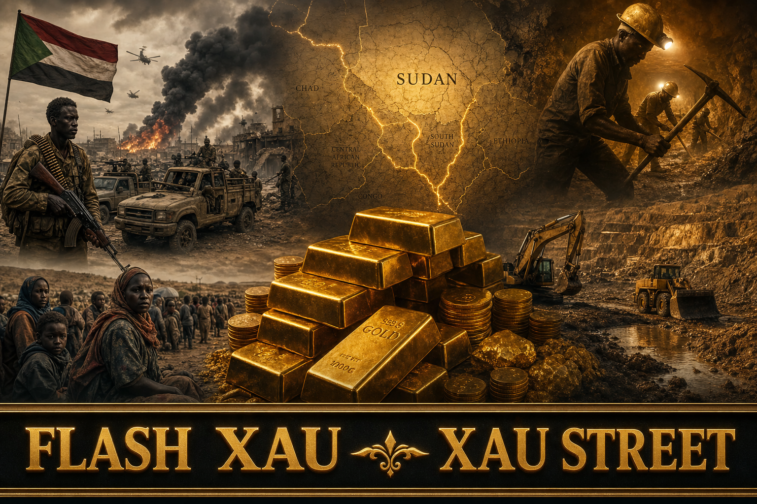 Sudan civil war and African gold trade routes in peril, military scenes, gold mining operations interrupted, refugees, dark sky