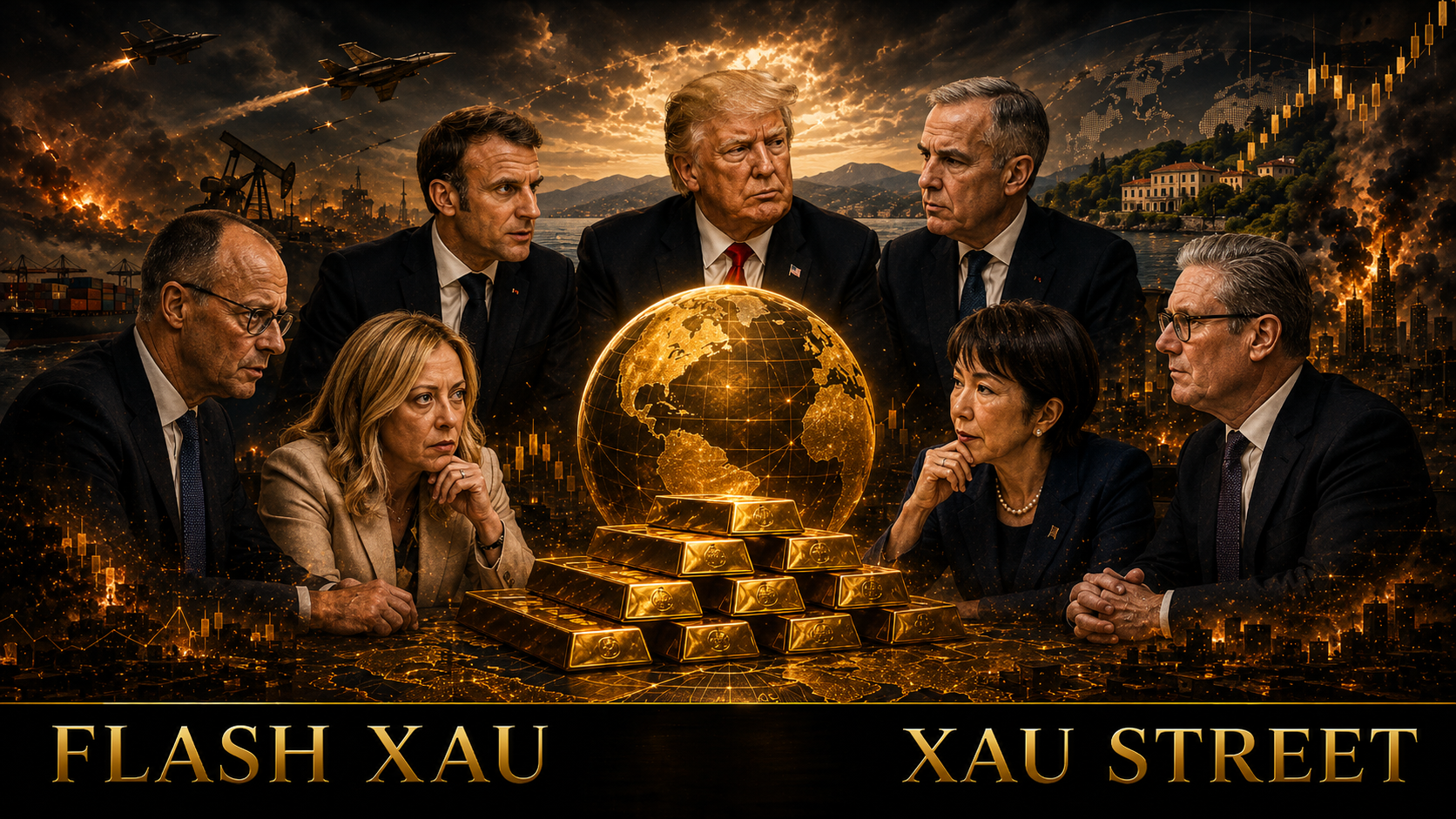 G7 Évian 2026 — Trump Macron Meloni Merz Carney Takaichi Starmer autour de lingots d or et globe terrestre, contexte géopolitique mondial