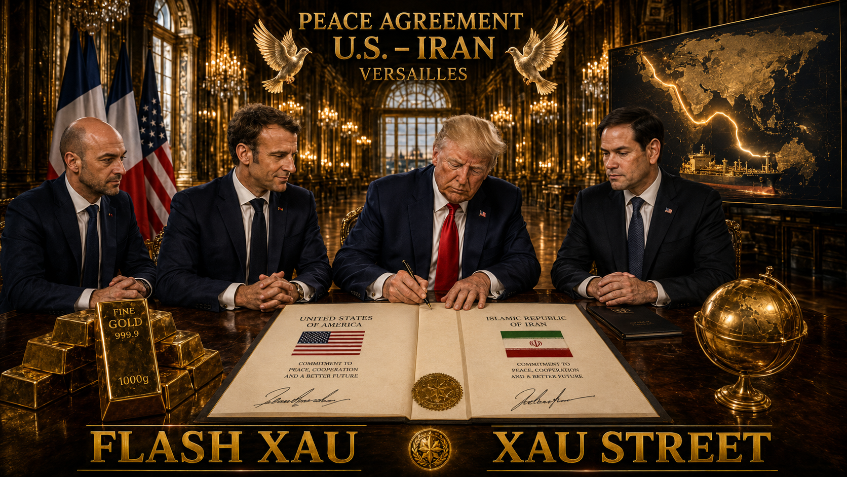 Trump signant le traité de paix US-Iran à Versailles 17 juin 2026, Macron Rubio dirigeants iraniens, lingots or globe terrestre