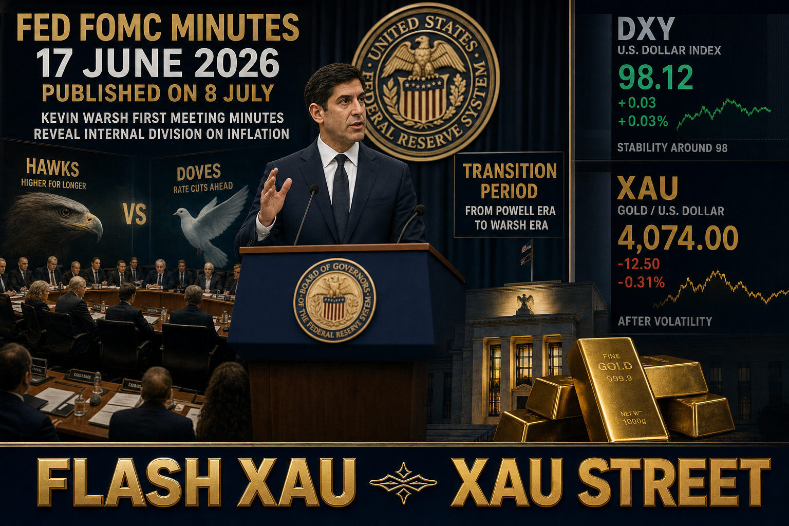Fed FOMC Minutes 17 June 2026 published on 8 July, Kevin Warsh first meeting minutes reveal internal division on inflation, DXY dollar index displayed on ticker showing stability around 98, XAU gold price displayed on ticker showing 4074 dollars after volatility, hawkish Fed hawks against dovish doves debate, transition period from Powell era to Warsh era