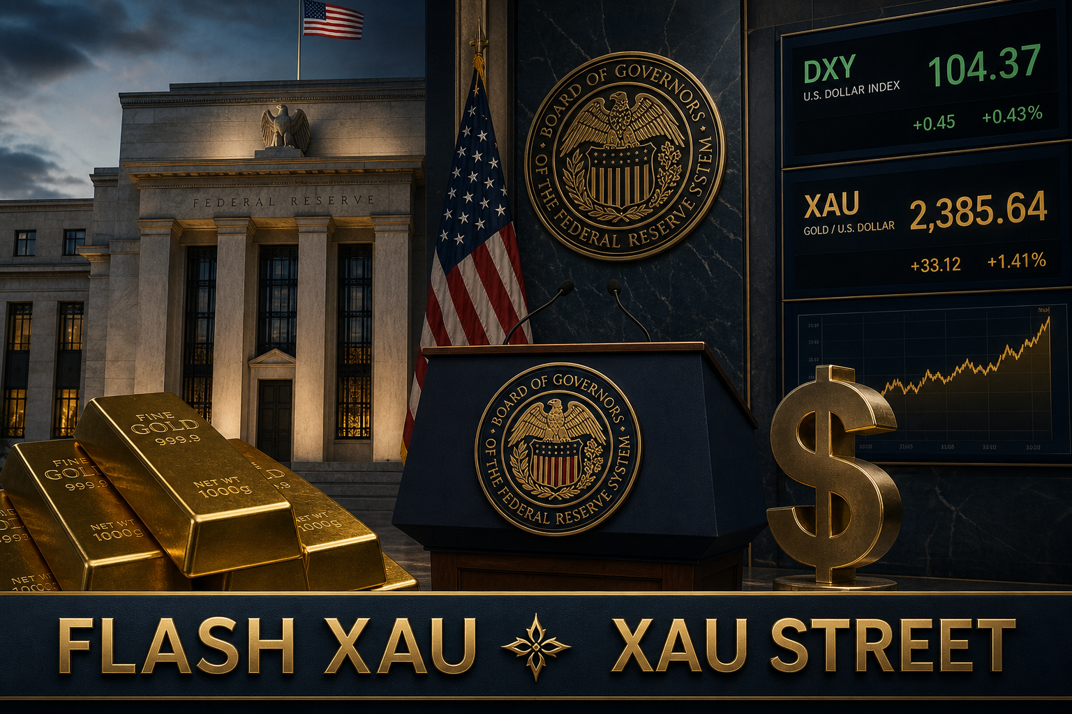 Editorial central bank scene: a neoclassical bank building facade, gold bars and a dollar symbol, institutional serious mood, no real people, no faces