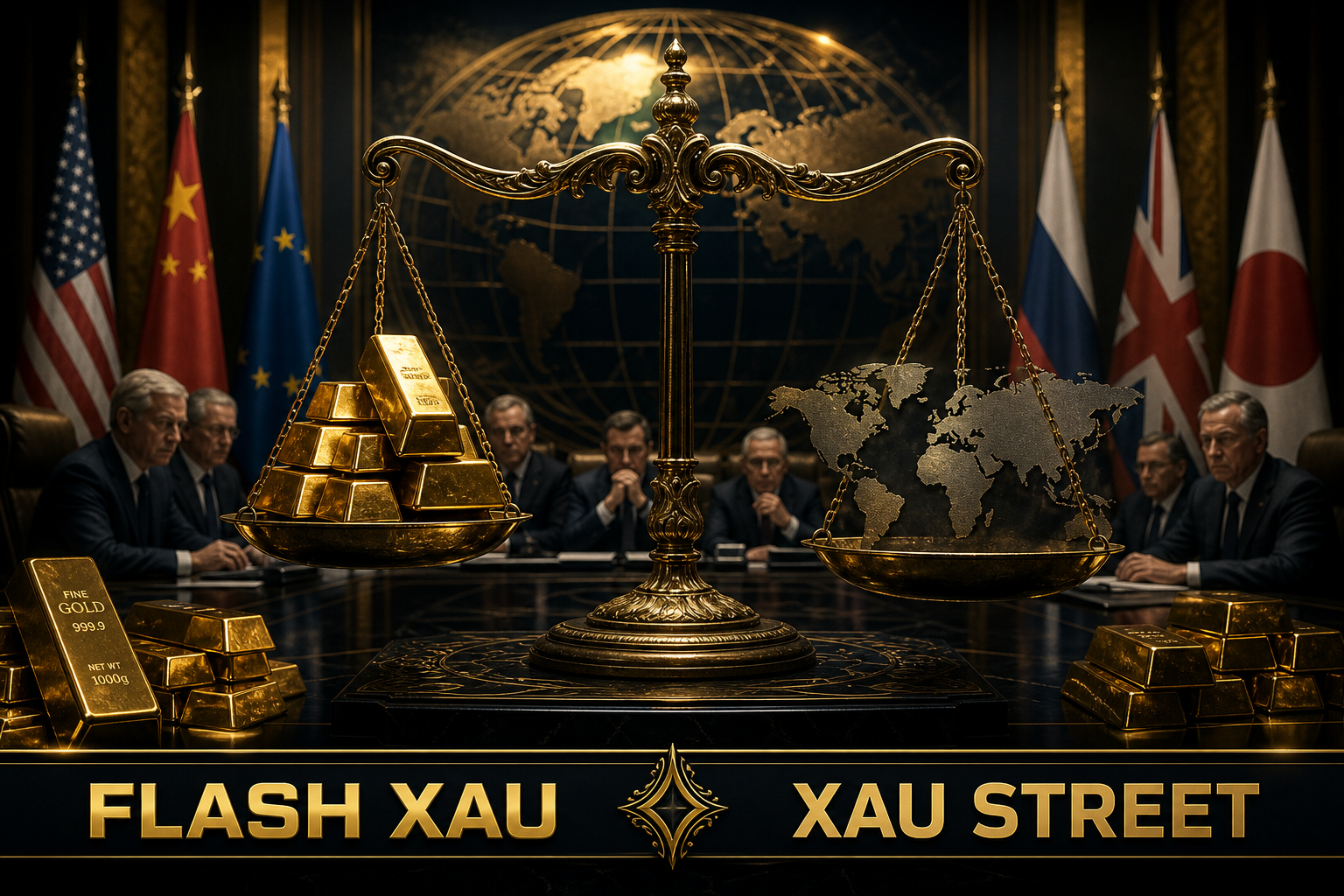 A symbolic representation of gold as a safe haven during geopolitical crises, featuring a balance scale with gold bars on one side and a turbulent world map on the other.