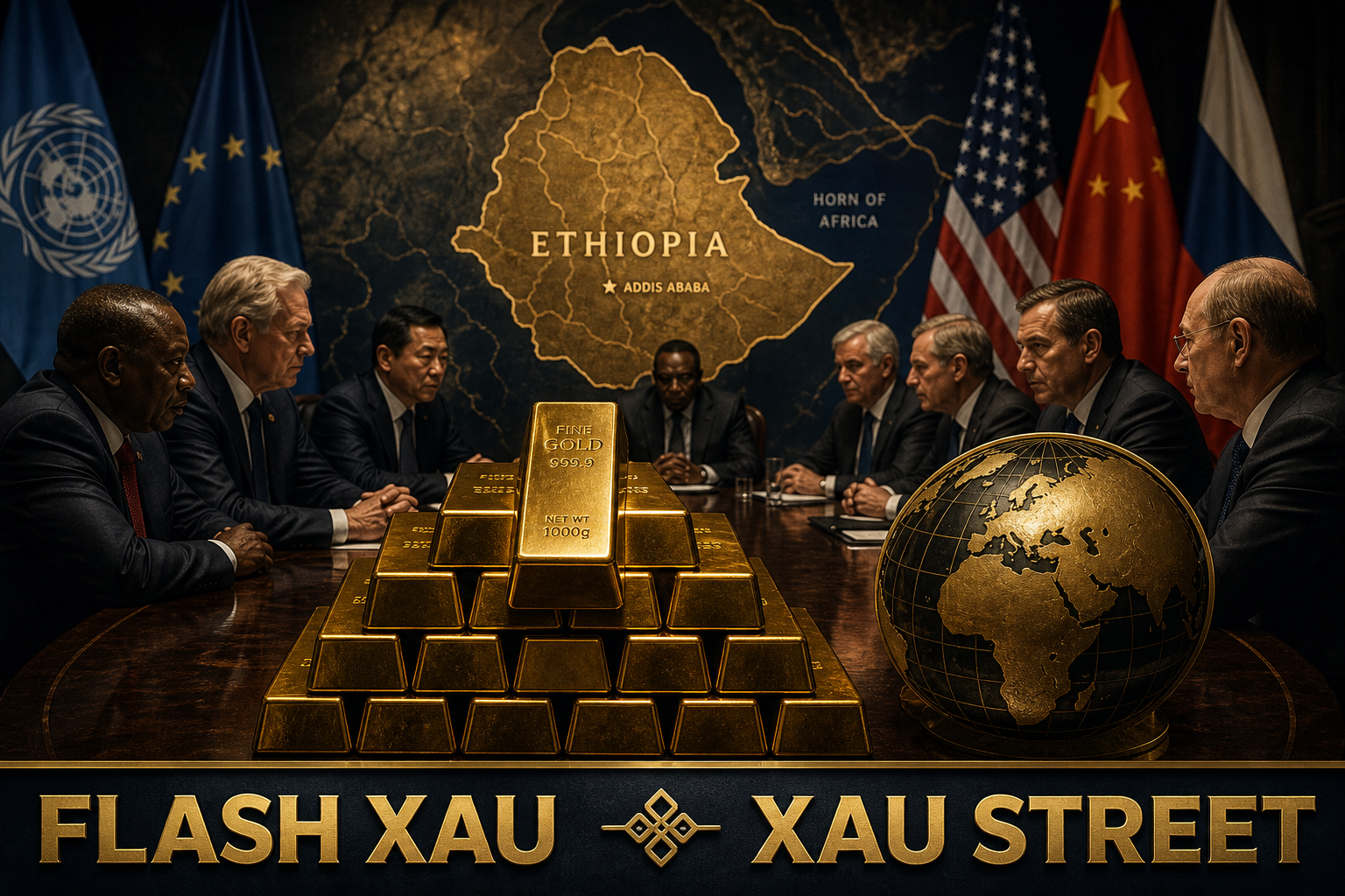 Cinematic editorial depiction of gold bars with a backdrop of a map of Ethiopia, symbolizing geopolitical risk and gold as a safe haven.