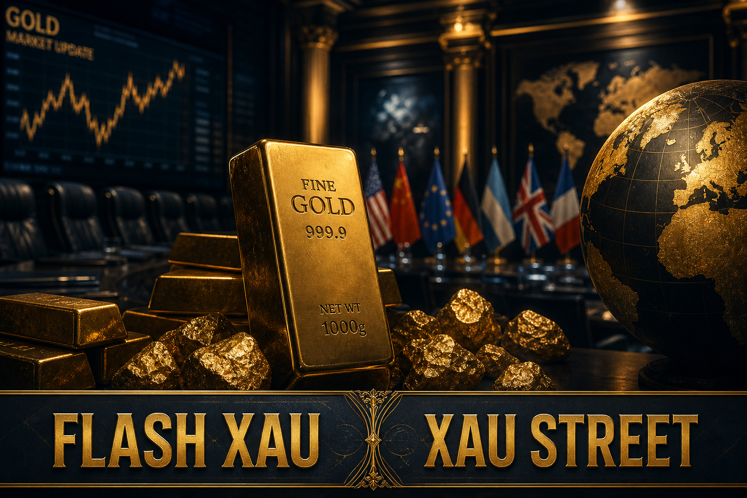 Cinematic editorial image of a symbolic gold bar amidst geopolitical tension, no real people, no faces, no politicians.