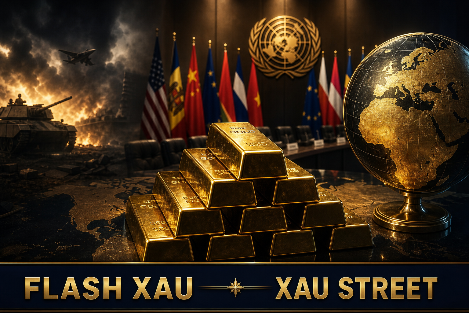 Cinematic editorial image of gold bars with a military theme, symbolizing geopolitical tension, NO real people, no faces, no politicians