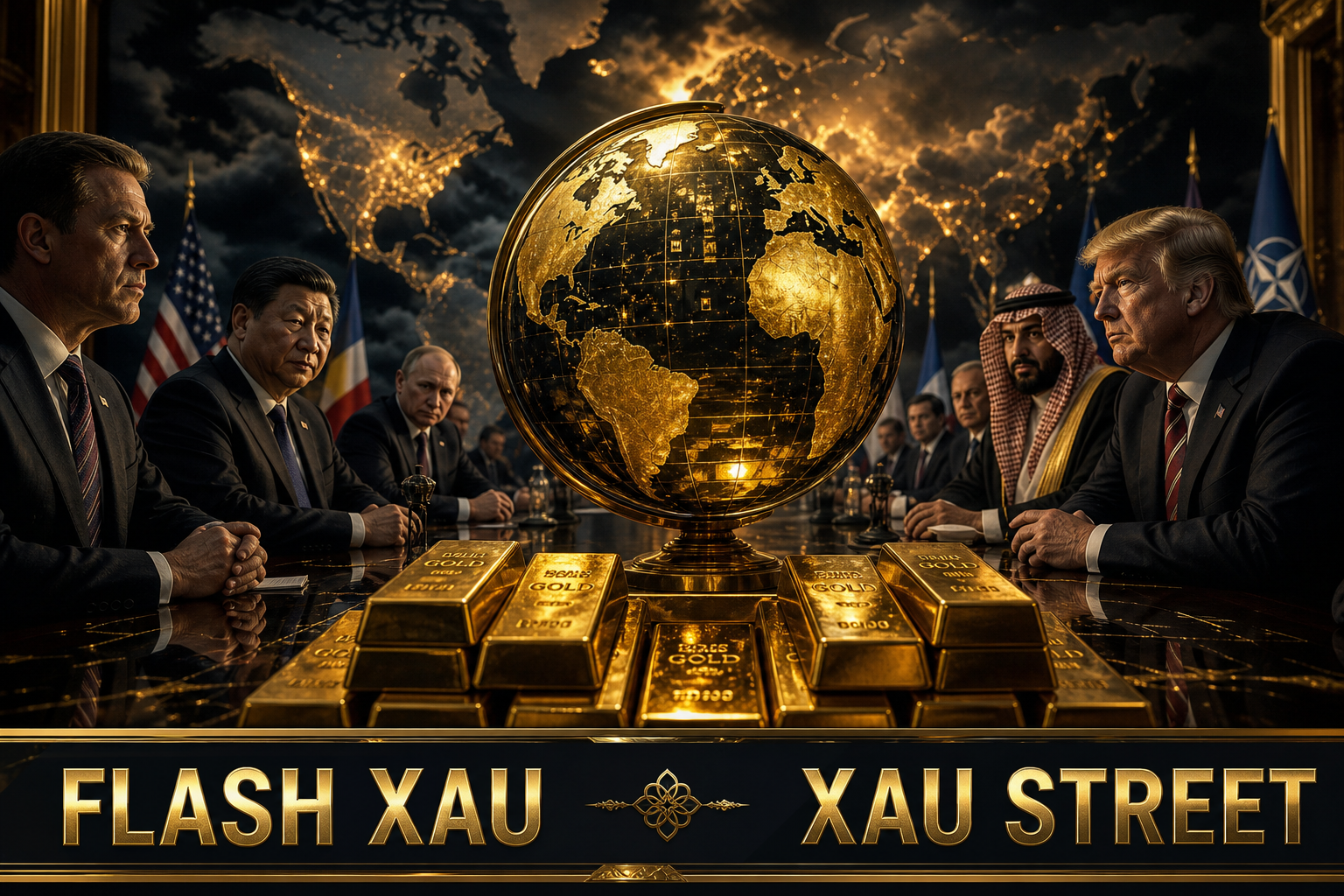 Symbolic representation of gold as a safe haven amidst geopolitical tensions, cinematic editorial style
