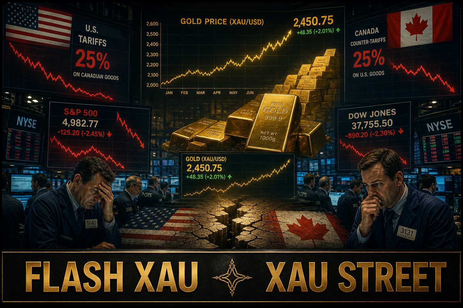 A symbolic representation of the US-Canada trade war with gold markets, featuring stock market charts and gold bars, cinematic editorial style.