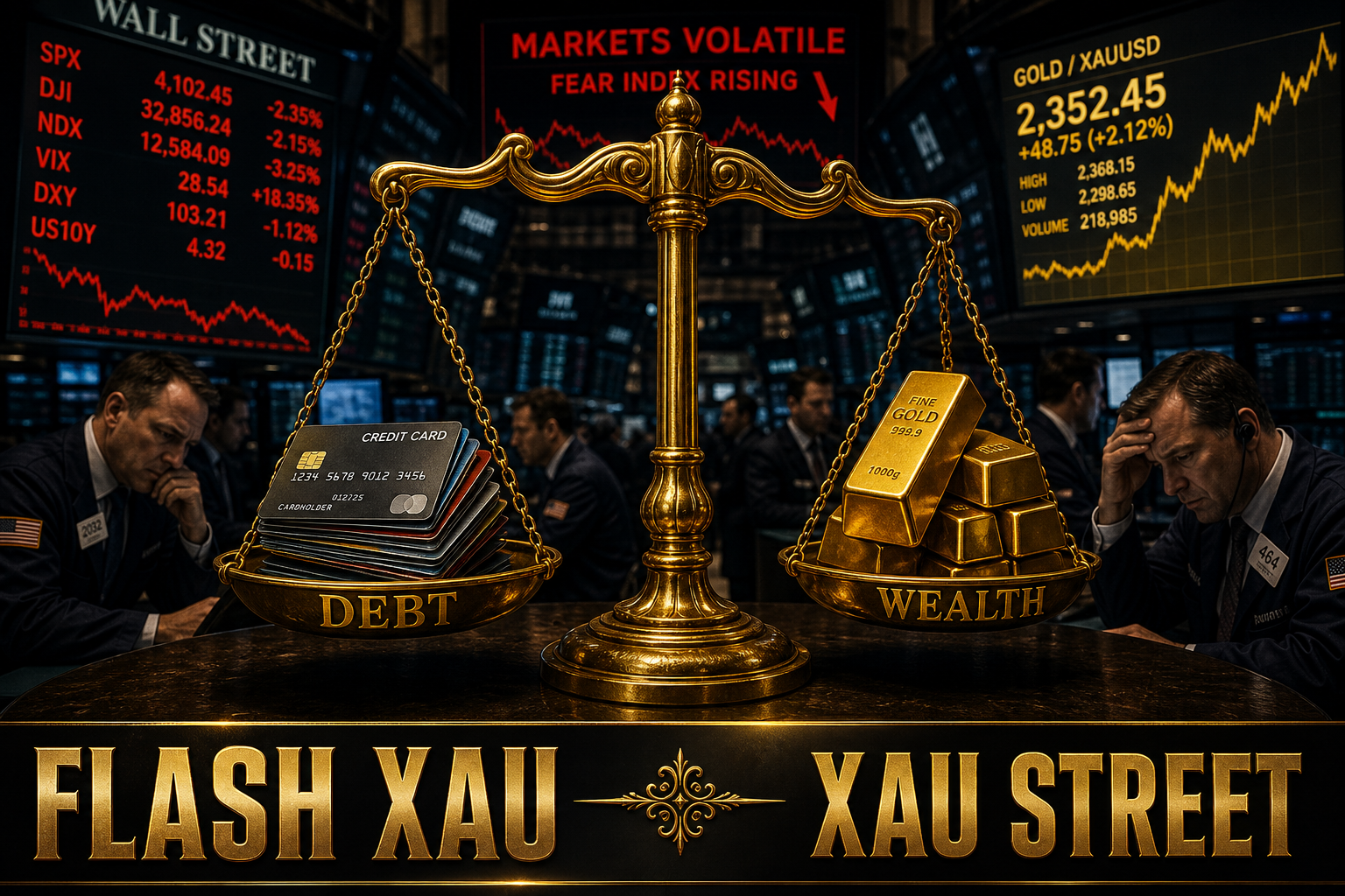 A symbolic visual of a golden balance scale, one side with credit card debt represented by a stack of credit cards, the other with gold bars, in a financial backdrop.