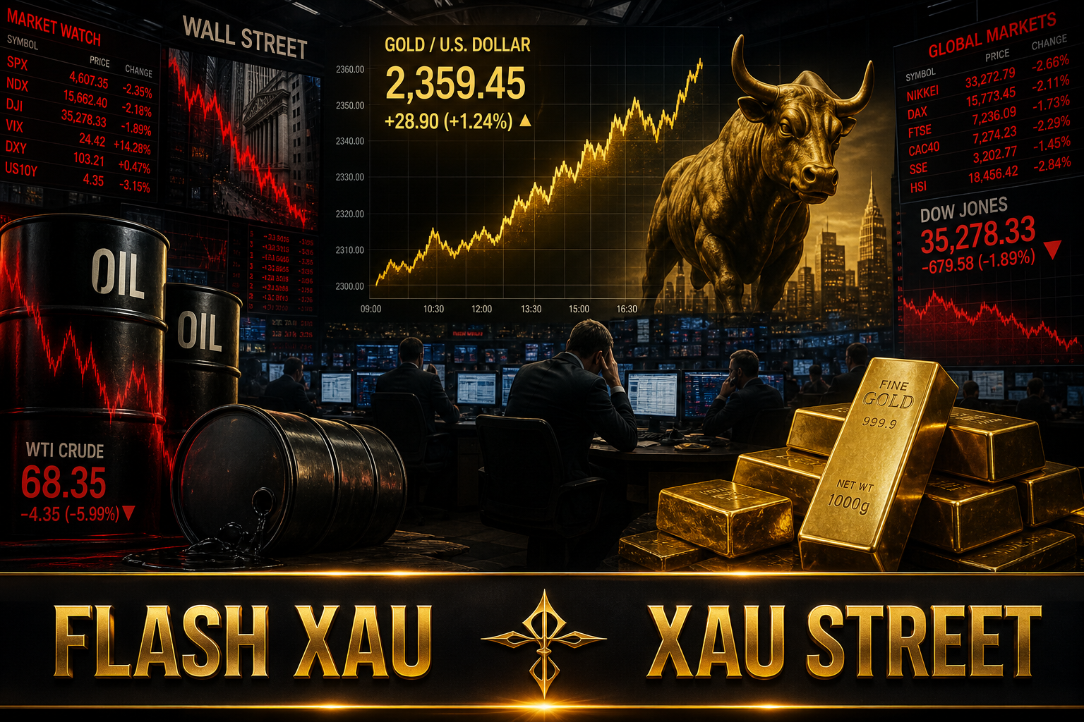 Cinematic editorial of a symbolic stock market with oil barrels and gold bars, no real people, no faces, vibrant yet tense atmosphere