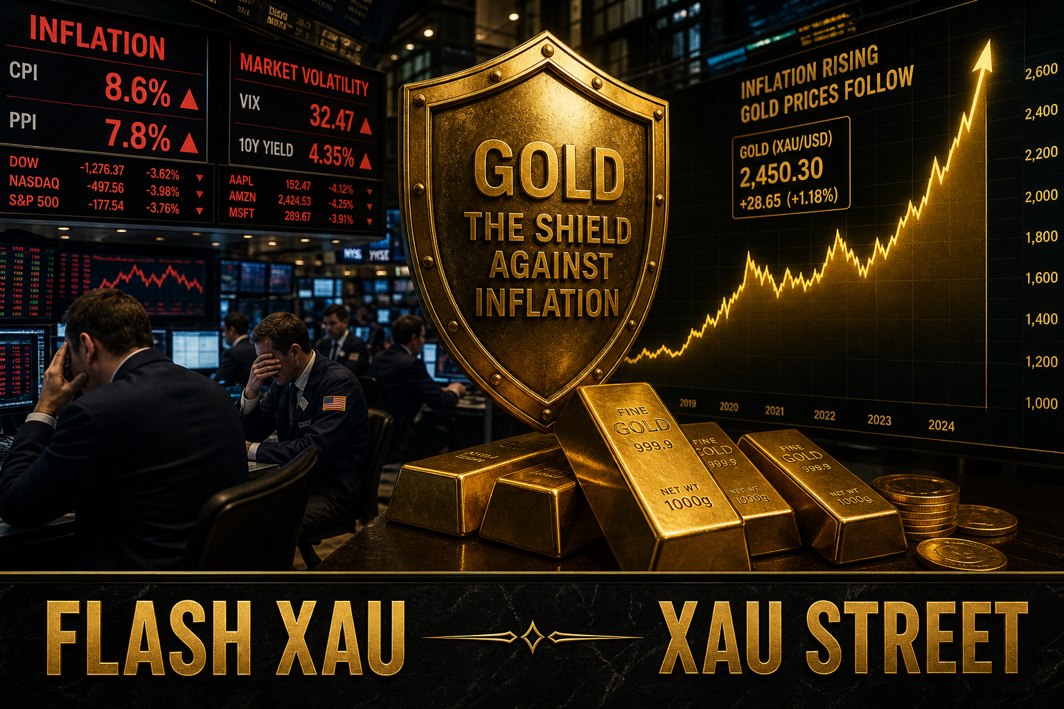Symbol of gold as a shield against inflation, featuring gold bars and a rising inflation graph, no people, editorial style