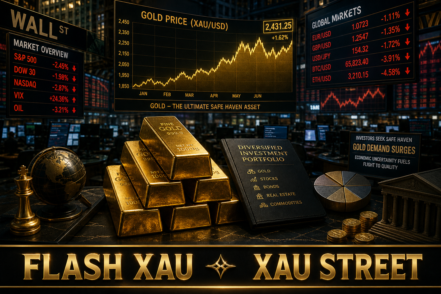 Symbolic representation of gold as a safe haven asset, featuring gold bars and a diversified investment portfolio concept, no real people.