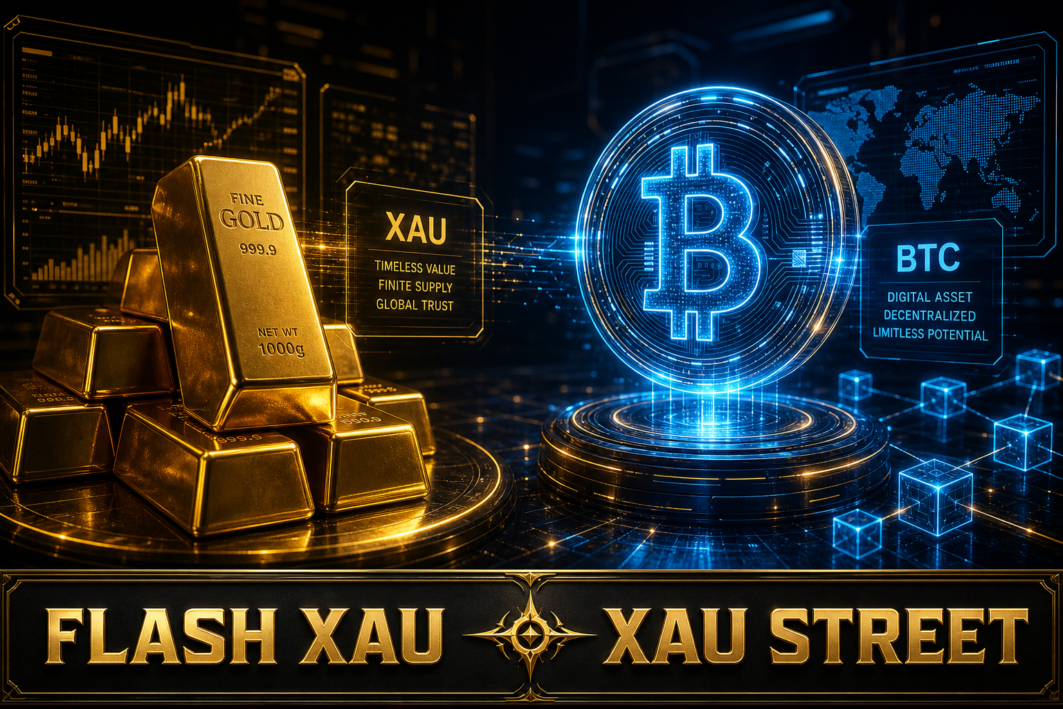 A symbolic representation of gold bars and a digital Bitcoin symbol, emphasizing their roles as financial assets.