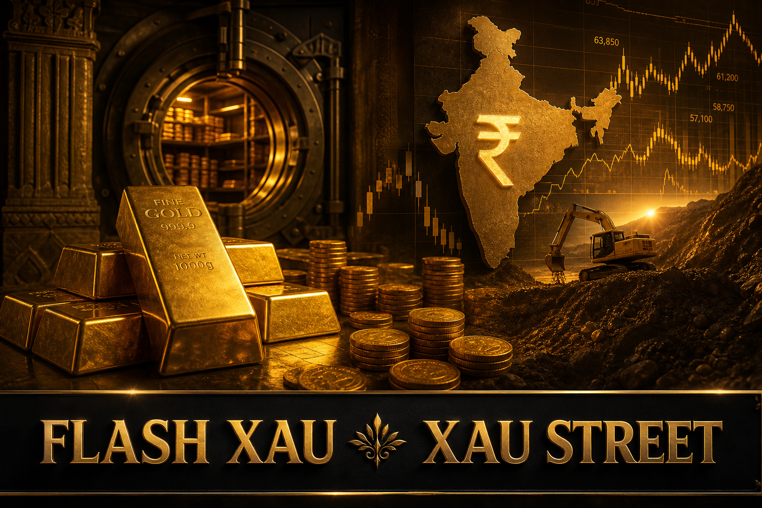 Cinematic editorial of a fluctuating gold market in India, symbolic, no real people, no faces