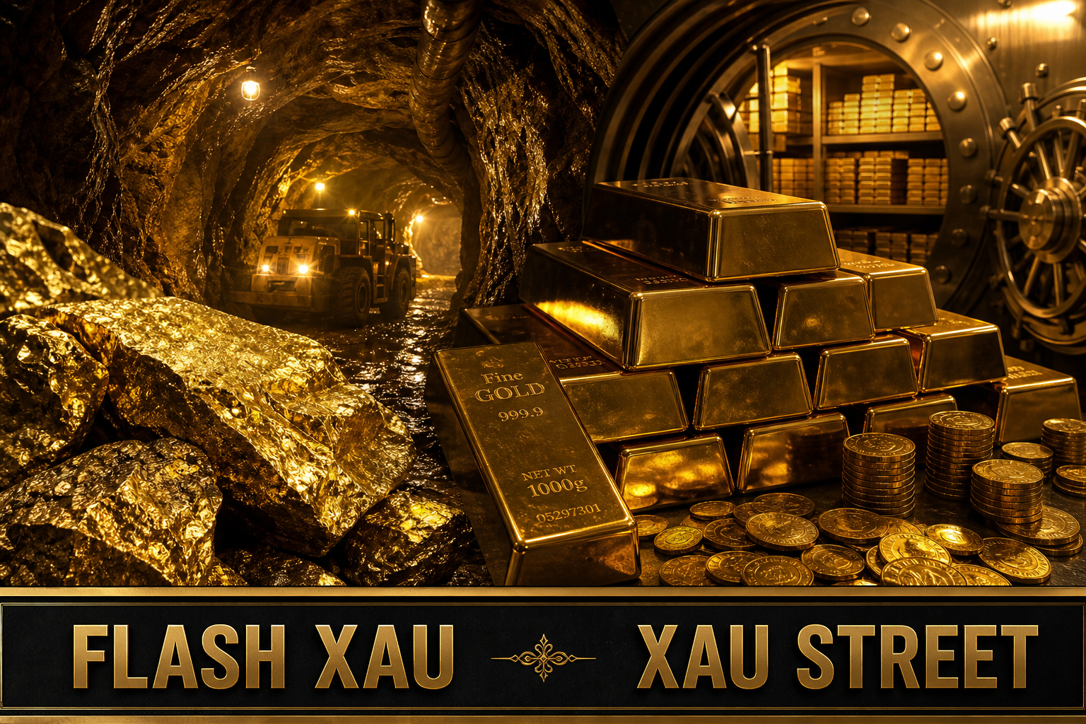 Editorial gold mining and resources scene: gold ore, a mine gallery and refined gold bars, industrial mood, no real people