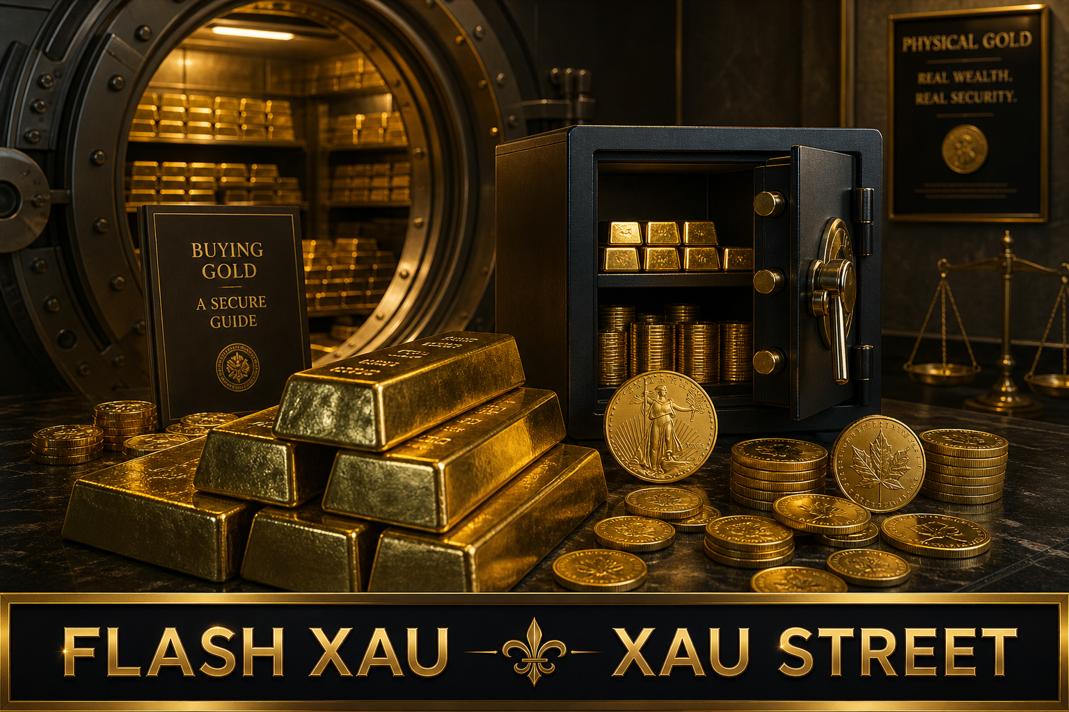 Editorial image of physical gold bars and gold coins with a small secure safe, elegant buying guide concept, warm gold light, no real people, no faces
